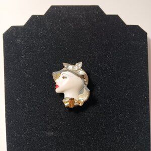 Vintage lady  face brooch pin Art deco 2"